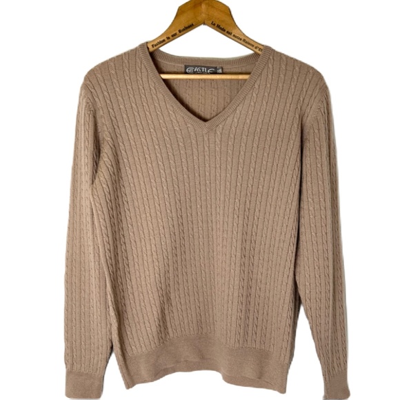 Castle of Ireland Sweaters - Castle of Ireland Irish Merino Wool Cable Knit V Neck Sweater M Tan Quiet Luxury